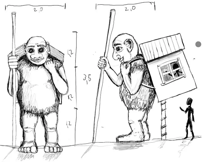 Originele schets van Valdemar the Walker door Thomas Dambo: een trol met een huisje op zijn rug, 3,50 m hoog en 2,10 m breed