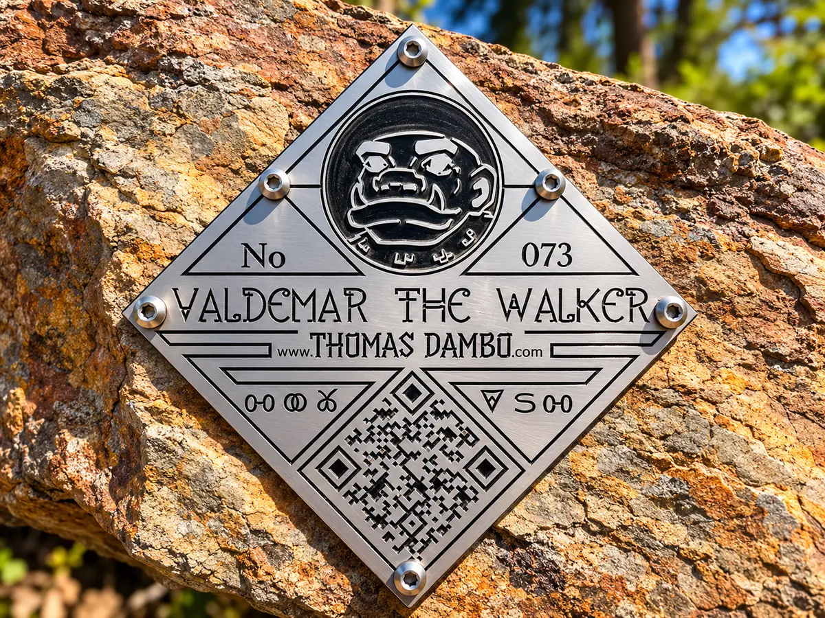 Officiële plaquette van Valdemar the Walker, trol nr. 073 van Thomas Dambo, met QR-code