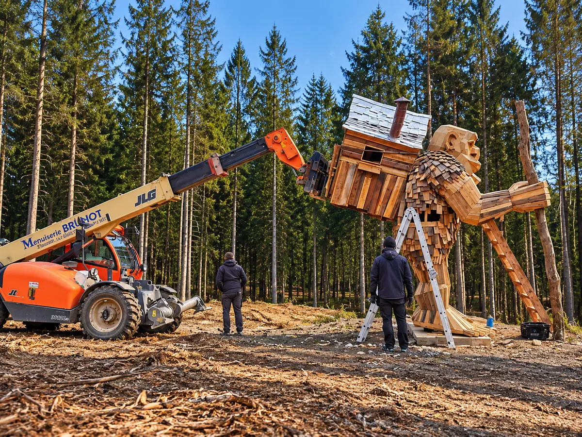 Opbouw van Valdemar the Walker in Elfy Park met een verreiker in april 2021
