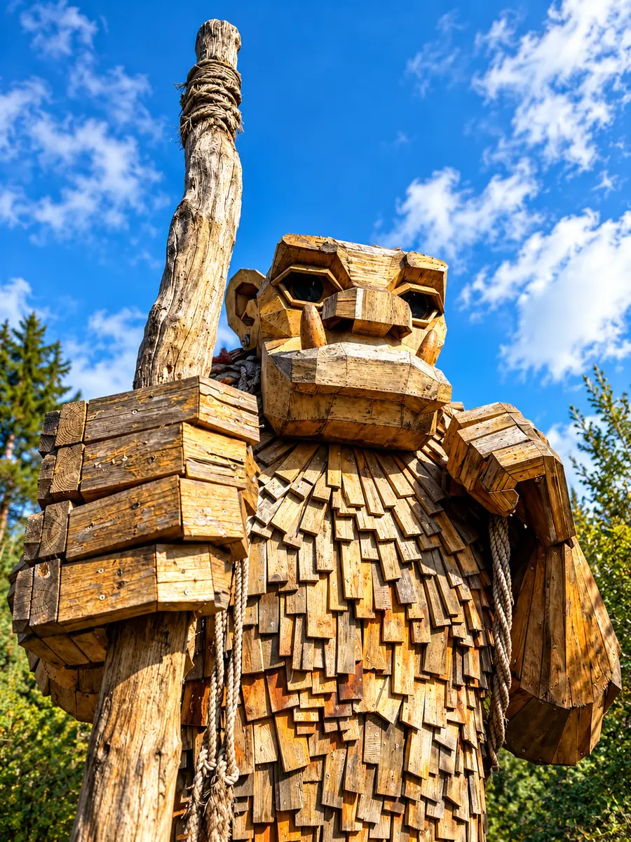 Close-up van het gezicht van Valdemar the Walker, een trol van gerecycled hout door Thomas Dambo, met zijn wandelstok