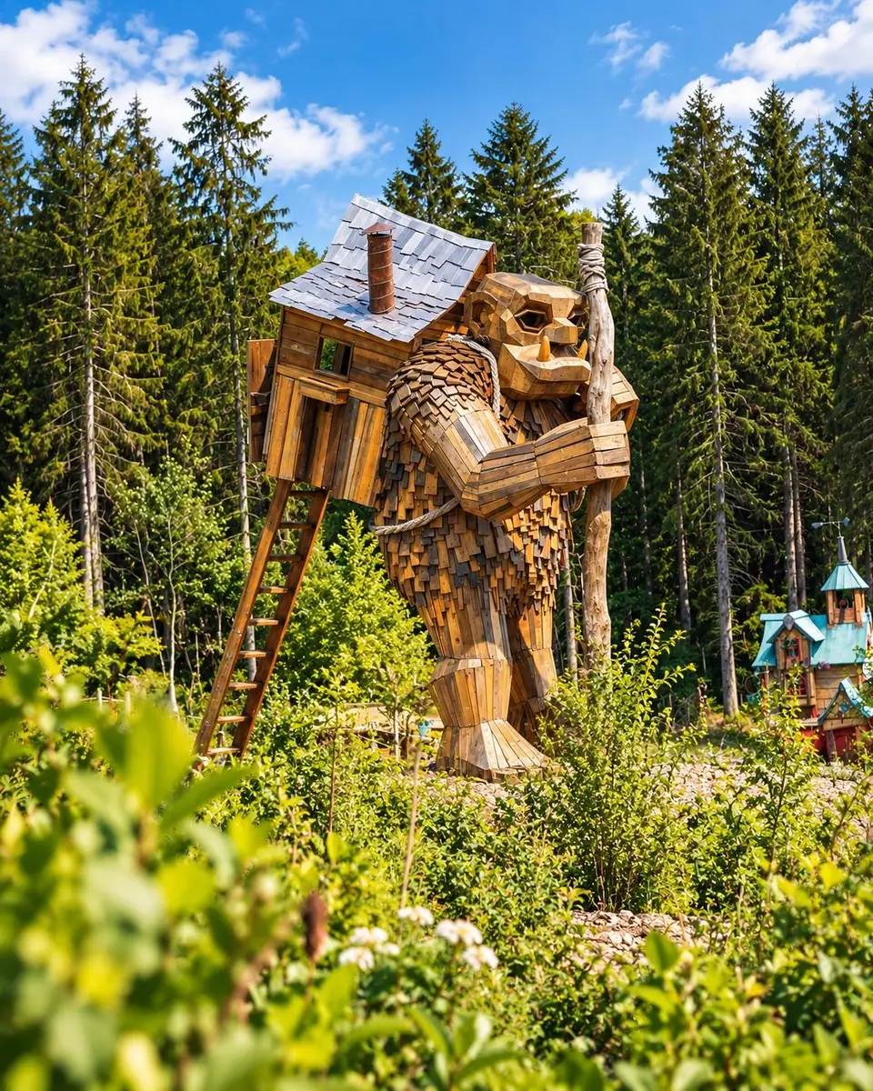 Valdemar the Walker by Thomas Dambo, een reuzentrol van gerecycled hout met zijn huisje op zijn rug, in Elfy Park in de Franse Ardennen