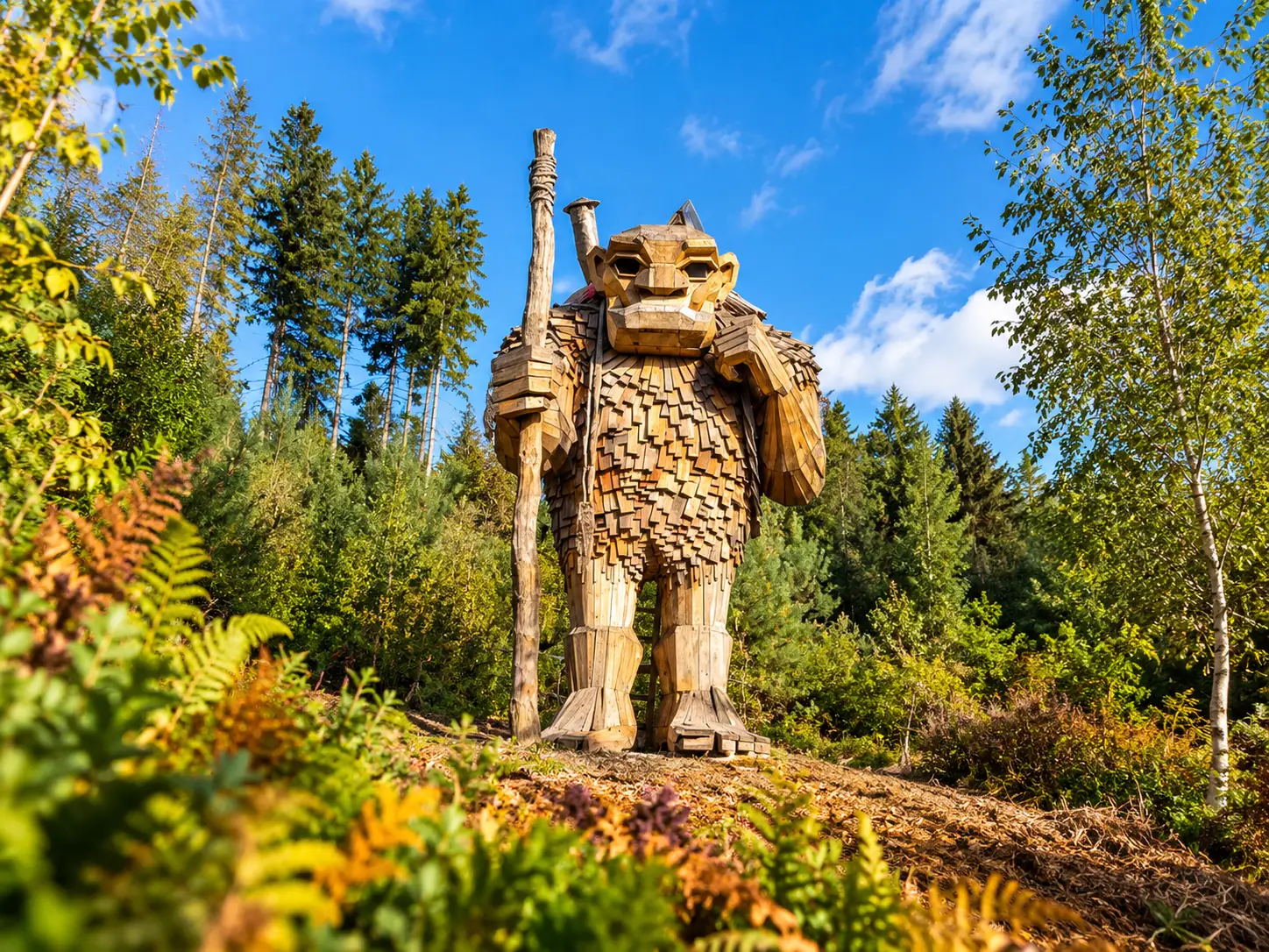 Valdemar the Walker de Thomas Dambo vu en pied dans la forêt d’Elfy Park, au Lac des Vieilles-Forges dans les Ardennes